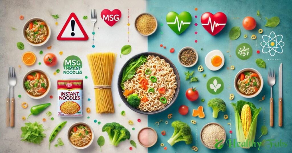 llustration showing health risks of consuming too much instant noodles, including stomach bloating, weight gain, and poor nutrition**