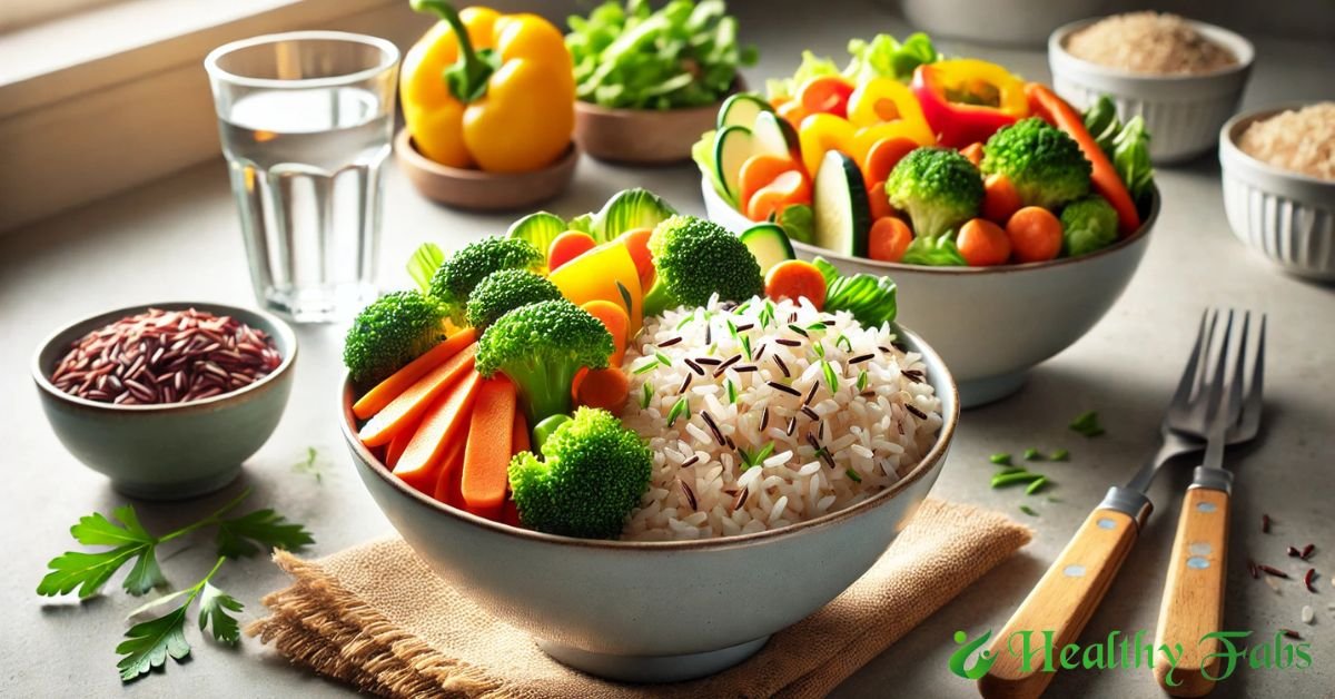 A bowl of white rice with vegetables and brown rice side by side, symbolizing healthy eating choices
