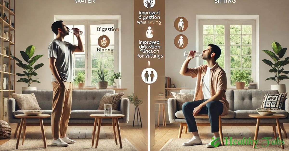 A person drinking water while standing vs sitting, highlighting health effects