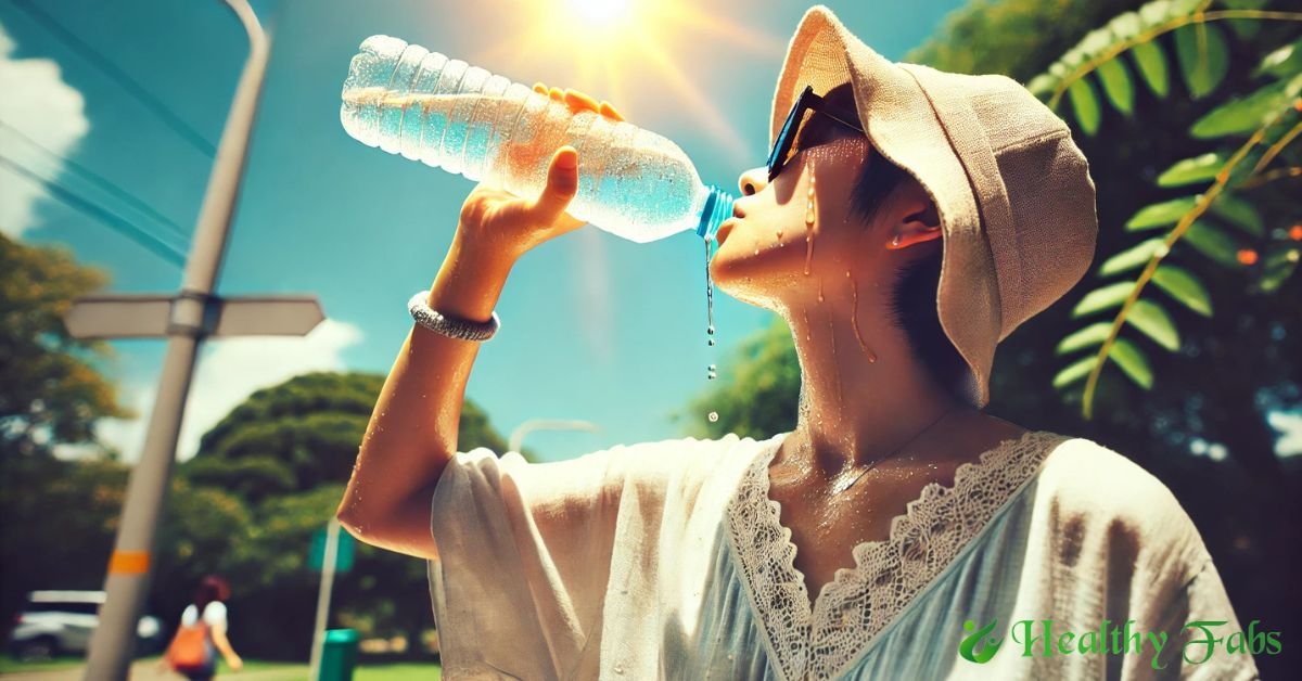 A person drinking water in summer to prevent heat stroke