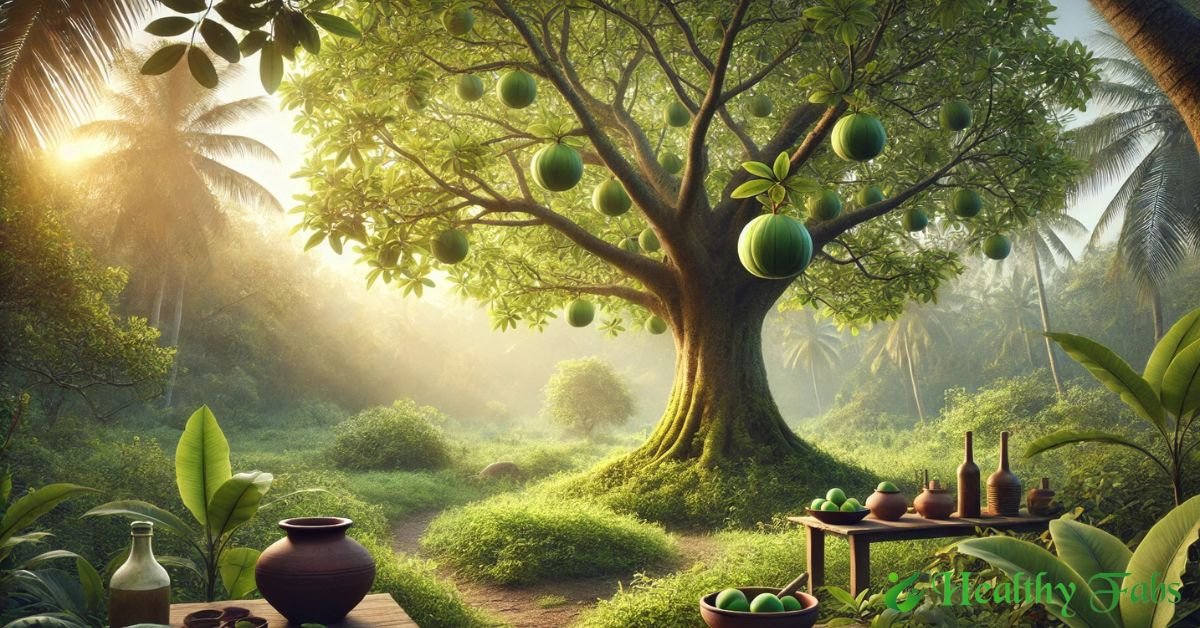 Bael tree with leaves and fruit used for natural healing and Ayurvedic remedies
