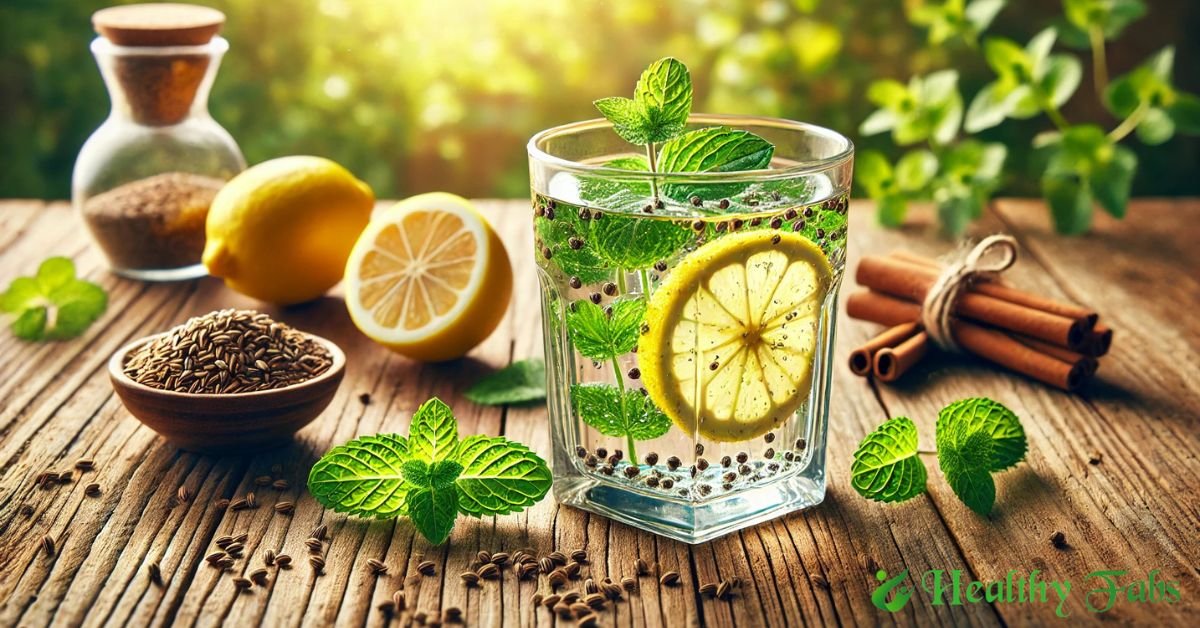 Glass of jeera water and mint leaves for gas relief in hot summer