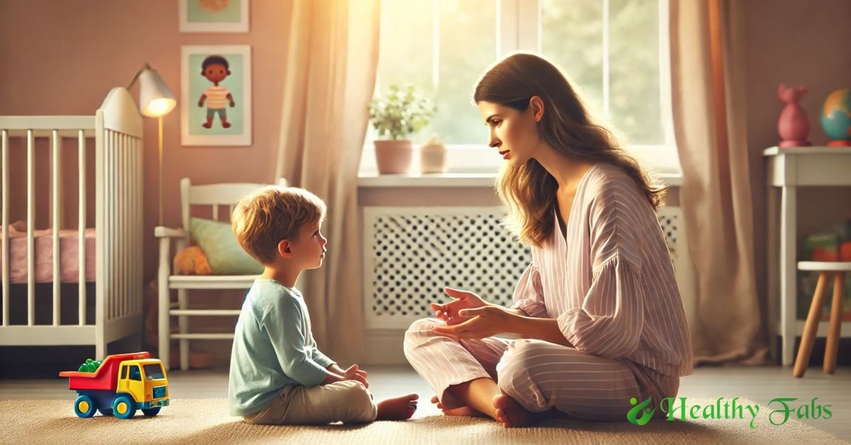 Mother calmly teaching child using positive discipline techniques