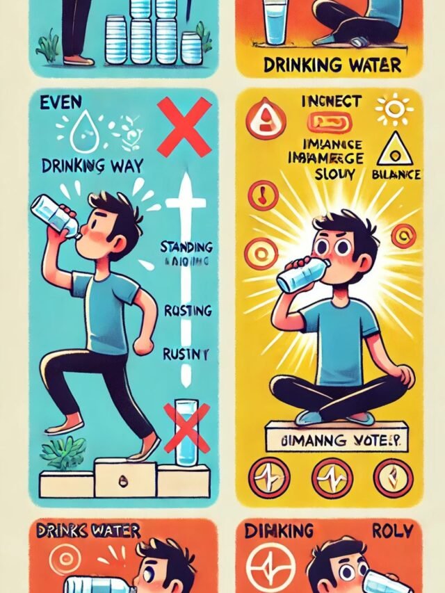 Drinking water while standing, highlighting health risks