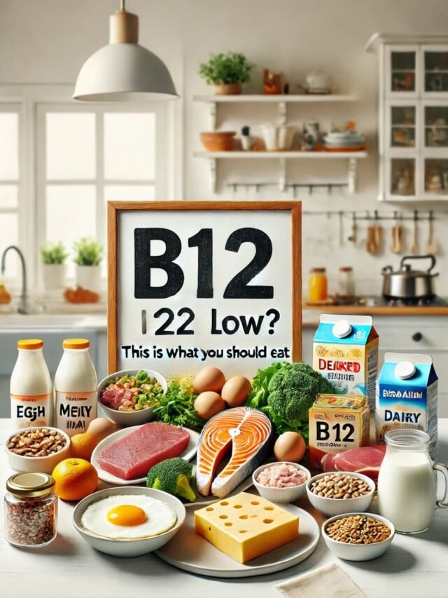 A variety of Vitamin B12 rich foods including eggs, fish, milk, and yogurt arranged on a table