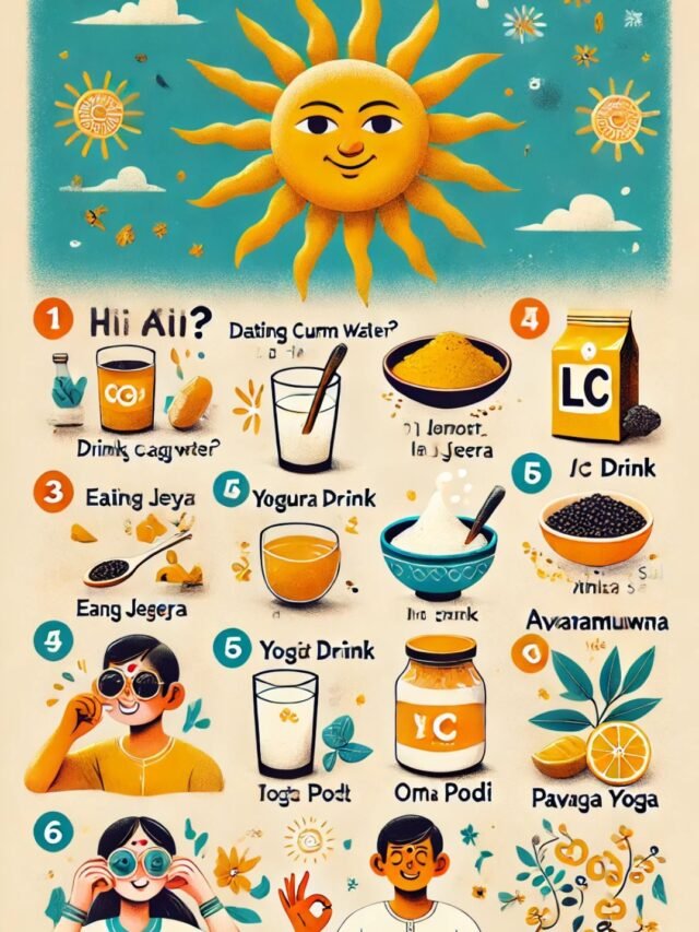 A woman holding her stomach due to gas pain in summer with Ayurvedic herbs and remedies in the background