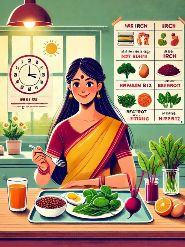 A healthy woman eating iron-rich foods like spinach, beetroot, and fruits to prevent anaemia