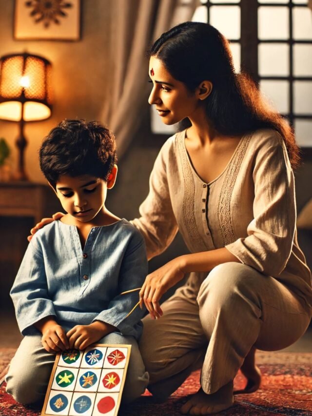 A loving mother kneels and talks to her child with care, showing positive parenting without anger.