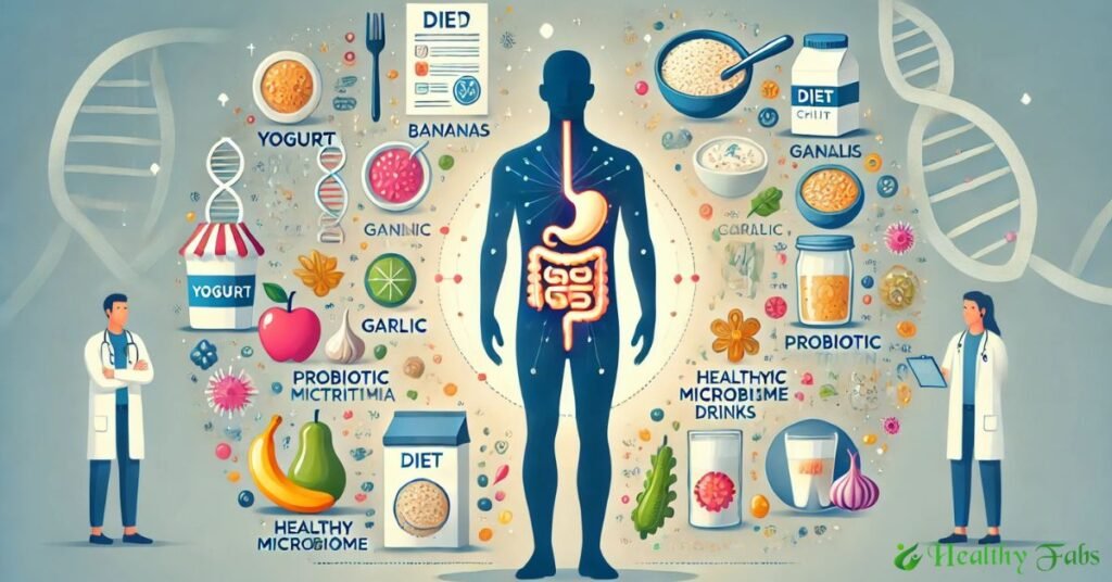 llustration showing gut health and personalized nutrition with healthy foods and microbiome symbols