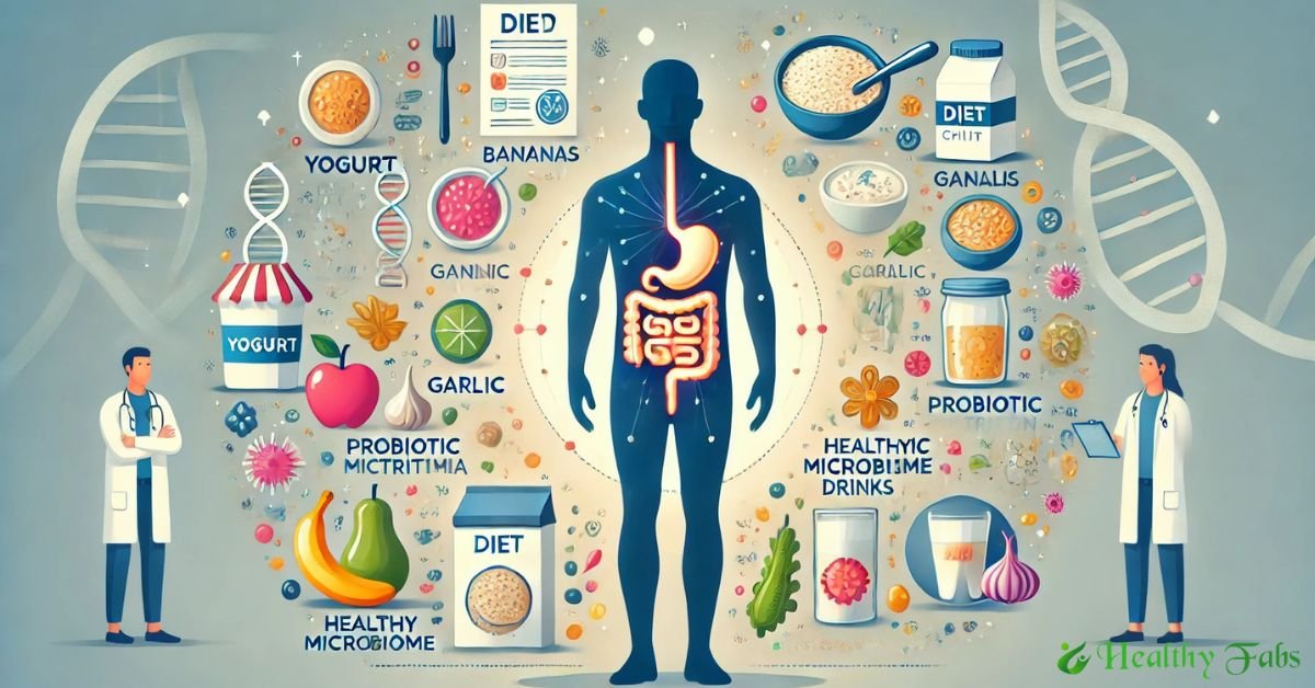 llustration showing gut health and personalized nutrition with healthy foods and microbiome symbols