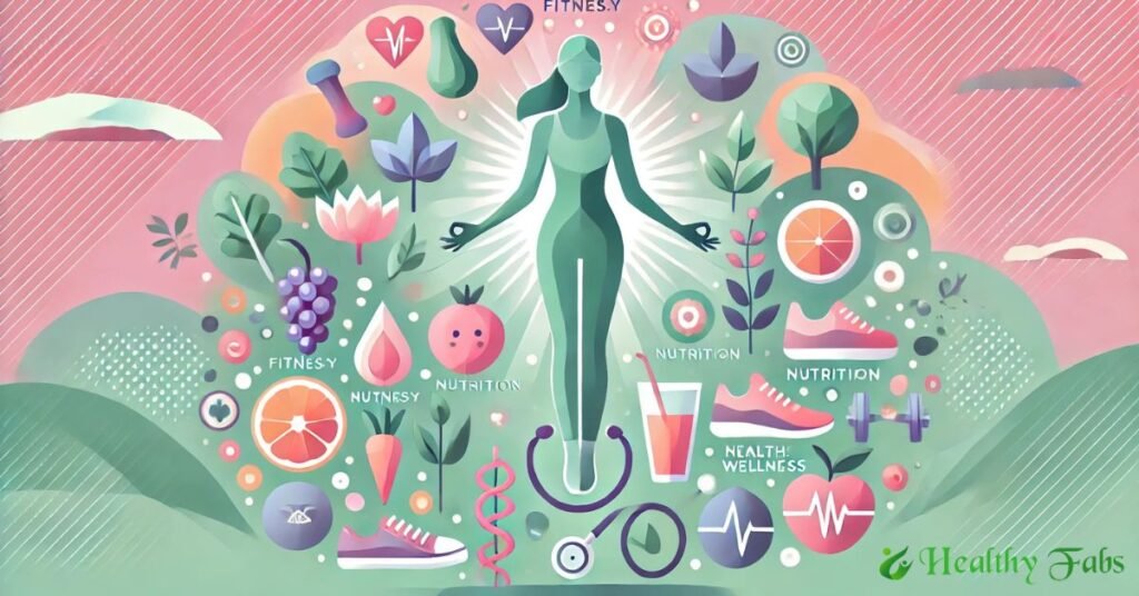 A digital illustration of a woman with fitness, nutrition, and wellness icons symbolizing women’s health