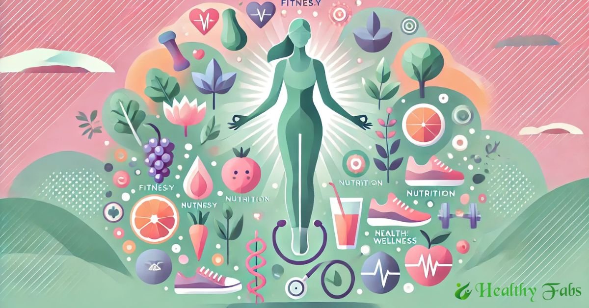 A digital illustration of a woman with fitness, nutrition, and wellness icons symbolizing women’s health