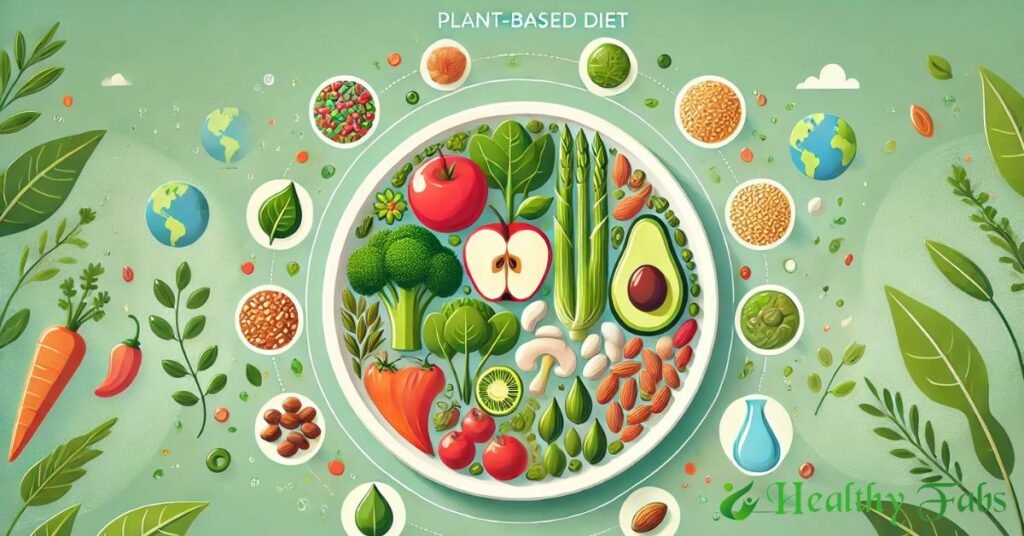 Colorful Plant-Based Diet plate with fruits, vegetables, grains, and nuts representing sustainable wellness.