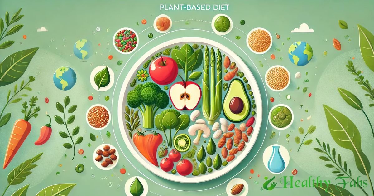 Colorful Plant-Based Diet plate with fruits, vegetables, grains, and nuts representing sustainable wellness.