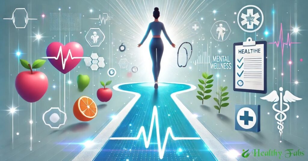 Illustration showing a person taking control of their healthcare journey with health icons like fitness, nutrition, medical checkups, and technology.