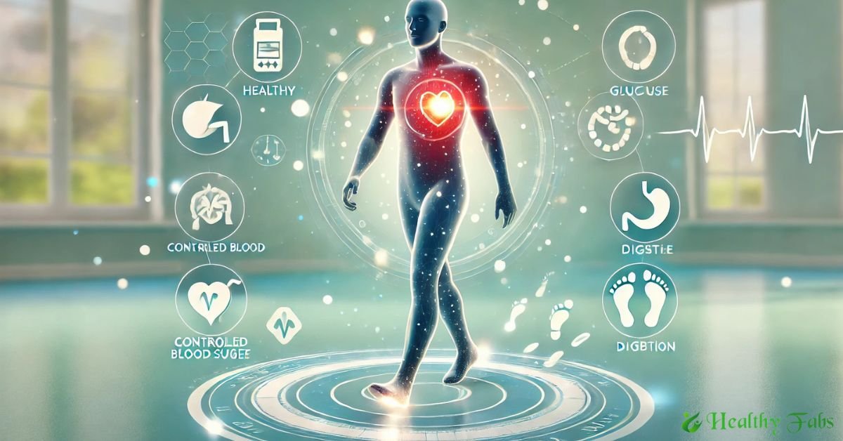 Digital illustration showing a person walking after eating to reduce heart attack risk