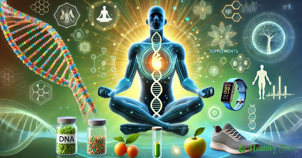 Digital illustration of biohacking and longevity with DNA, meditation, healthy food, supplements, and fitness icons.