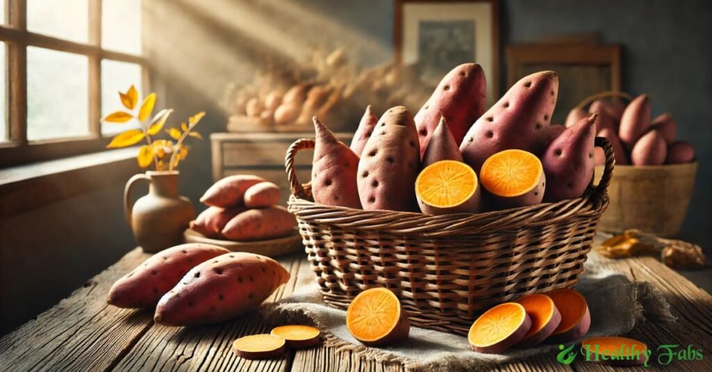 A fresh basket of sweet potatoes highlighting their health benefits