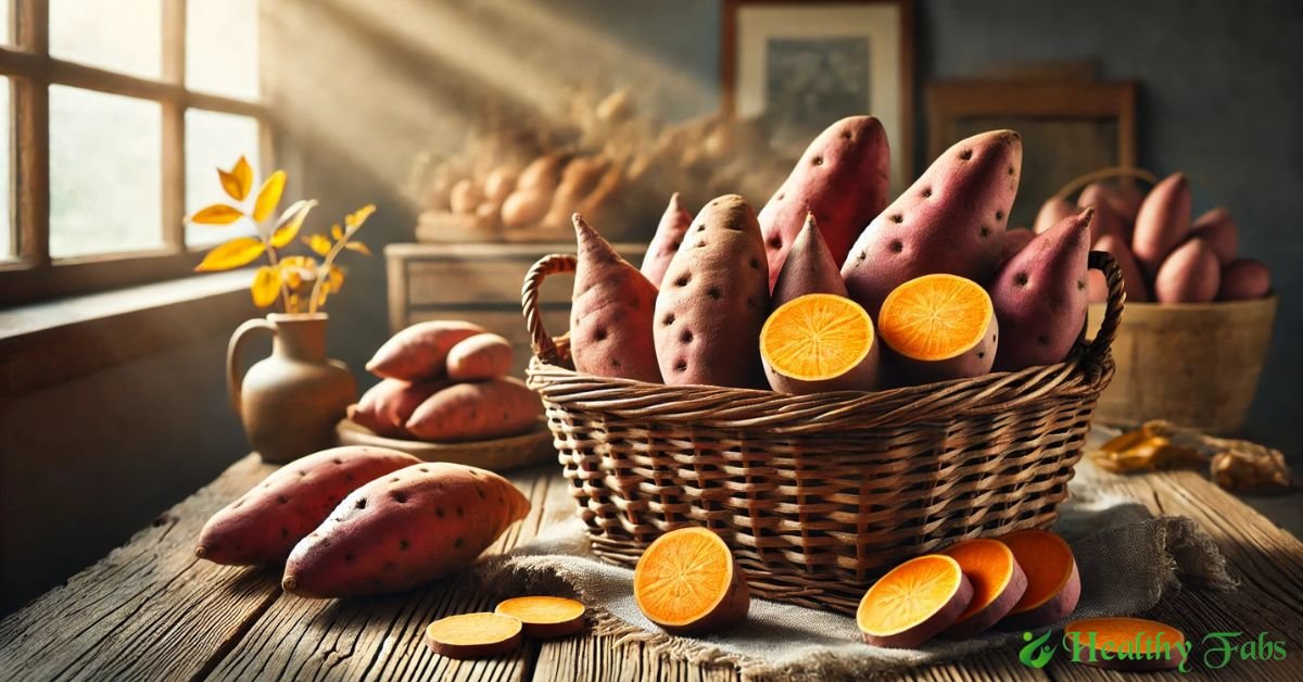 A fresh basket of sweet potatoes highlighting their health benefits
