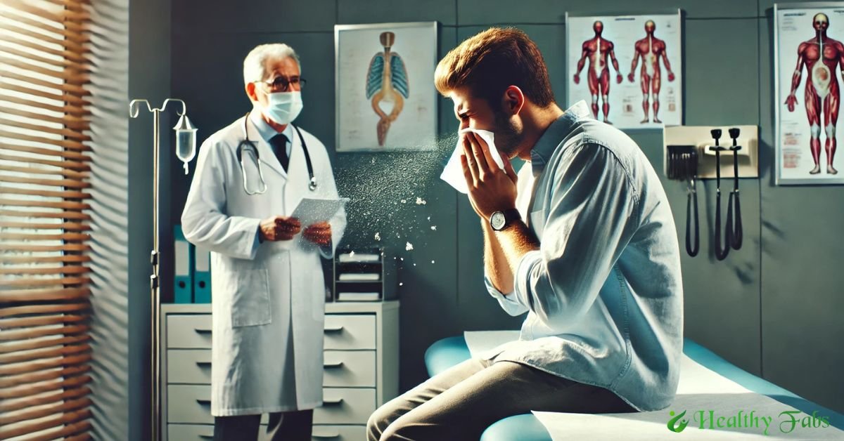 A close-up of a person sneezing in a doctor's office, a visual representation of respiratory infection symptoms.