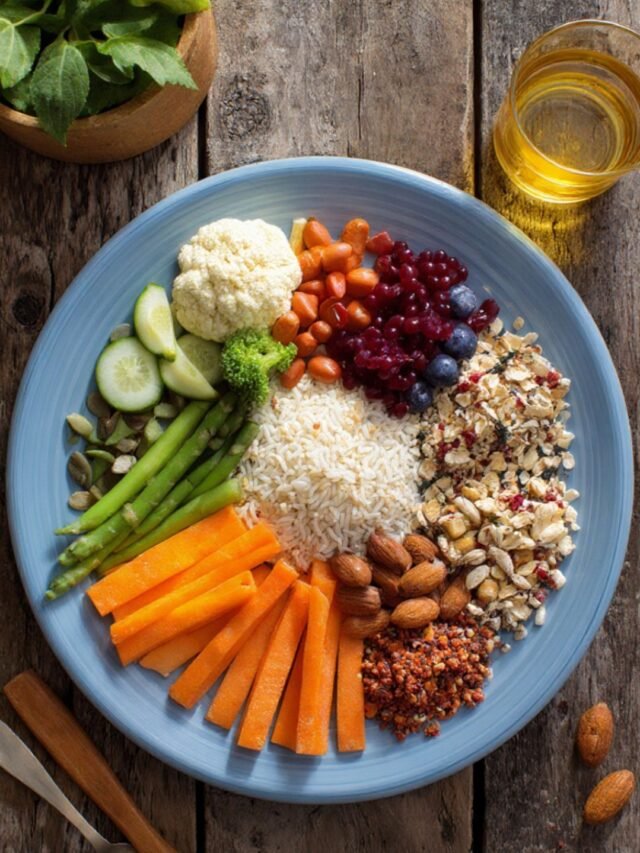 Colorful healthy foods including vegetables, fruits, whole grains, nuts, seeds, and lean proteins arranged on a wooden table, representing the best diet plans for overall health.