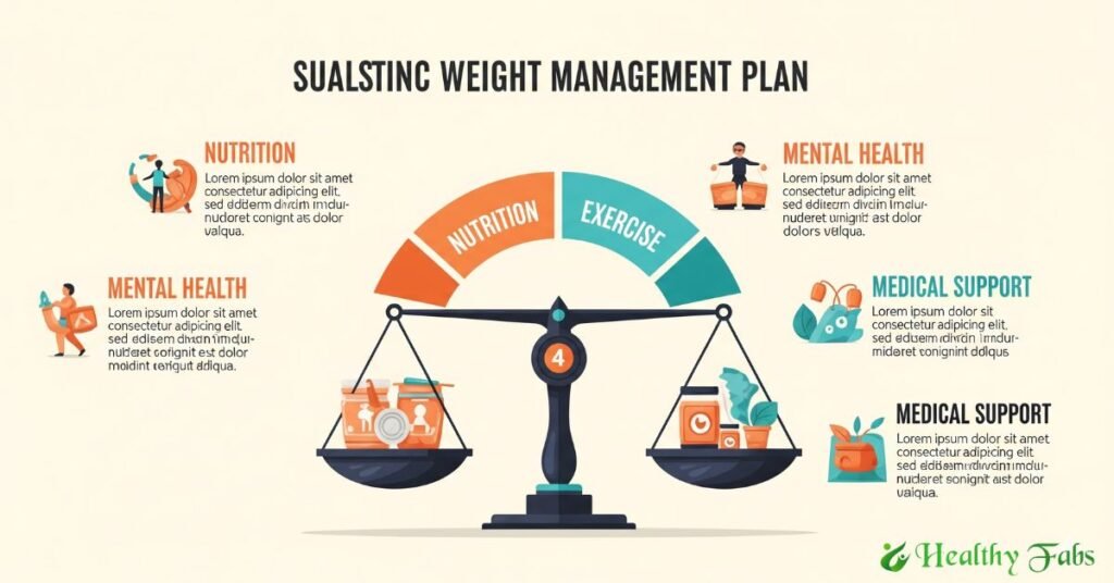 An illustrated infographic showing a holistic and sustainable weight management plan with four pillars: nutrition, exercise, mental health, and medical support.