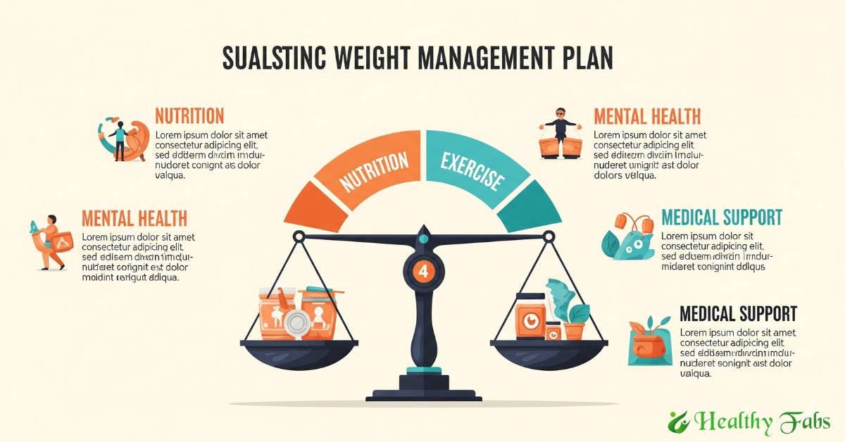 An illustrated infographic showing a holistic and sustainable weight management plan with four pillars: nutrition, exercise, mental health, and medical support.