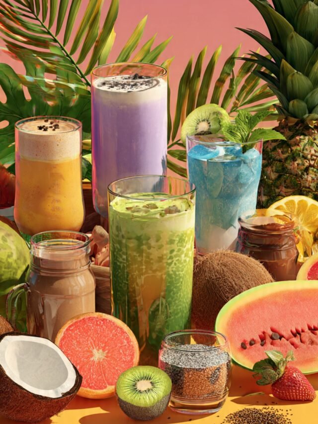 Refreshing coconut milk drinks including smoothies, coffee, lassi, milkshake, matcha latte, hot chocolate, protein shake, pina colada, and chia seed drink